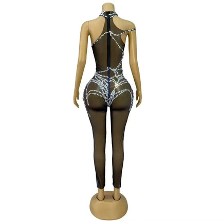 Black Mesh Rhinestones Jumpsuit Women Singer Nightclub Bar Concert Performance Transparent Rompers Stage Costume