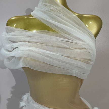 Vintage-Inspired White One-Shoulder Mesh Party Dress