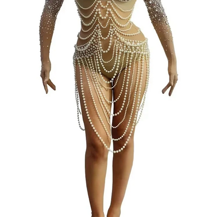 Diamond & Pearl Body Chain Illusion Catsuit Long-Sleeve Mesh Jumpsuit Stage Costume