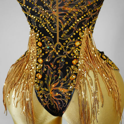 Gold Rhinestone & Tassel Sleeveless Bodysuit Salsa Latin Dance Stage Costume