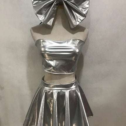 Patent Leather Bow Bralette, Pleated Mini Skirt & Headband 3-Piece Stage Dance Costume Set