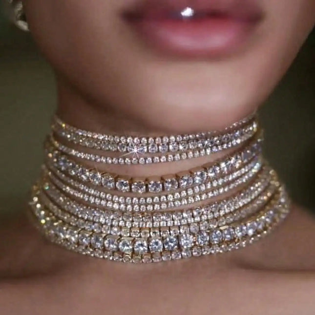 Multi Layered Rhinestone Chain Choker Necklace