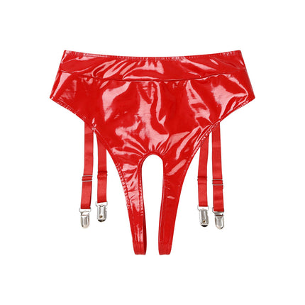 High-Waist Patent Leather Crotchless Thong & Garter Clip Lingerie