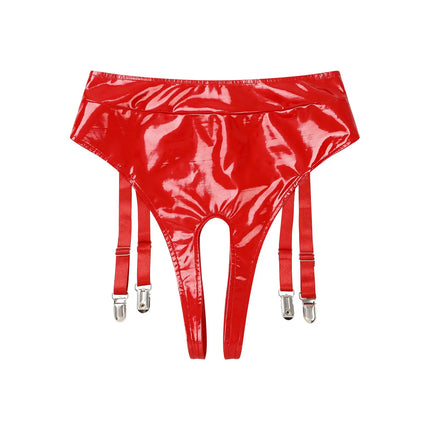 High-Waist Patent Leather Crotchless Thong & Garter Clip Lingerie