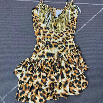 Leopard Print Crystal Sling Showgirl Mini Dress – Glamour Stage Performance Costume