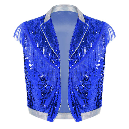Men's Metallic Sequin Tassel Open-Front Vest Lapel Collar Sleeveless Stage Dance Waistcoat