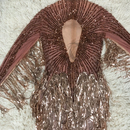 Gold Crystal Fringe Illusion Mini Dress Sparkly Rhinestone Stage Dance Costume