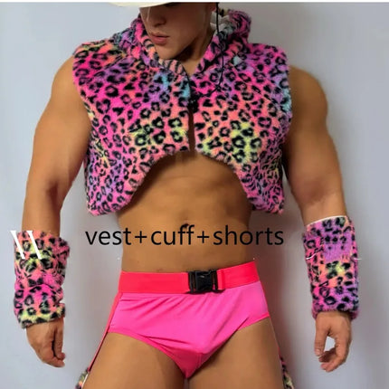 Men's Nightclub Party Performance Costume Pink Faux Fur Vest Hollow Pants Outfit