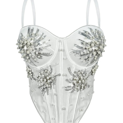 Pearl & Sequin Embroidered Floral Bustier Corset Top Asymmetric Camisole Bralette
