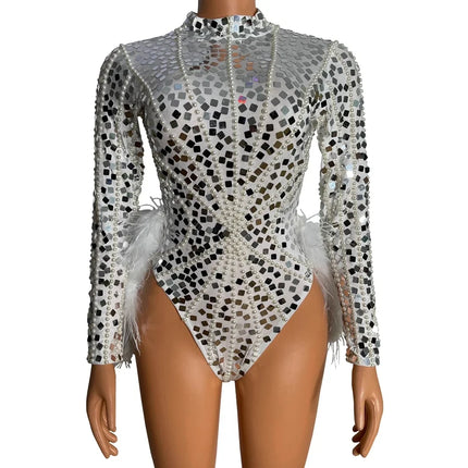 Sparkly Silver Sequin Pearl & White Feather Bodysuit 2-Piece Set Stage Performance Costume