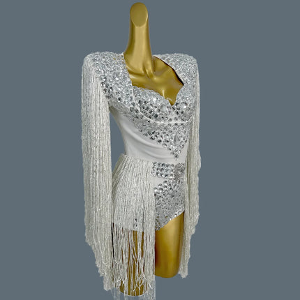 The Stardust Cascade Fringe Bodysuit – Luxury Rhinestone Long-Sleeve Showgirl Costume