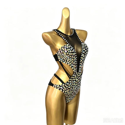 Crystal Rhinestone Mesh Backless Bodysuit Pole Dancing Stage Costume