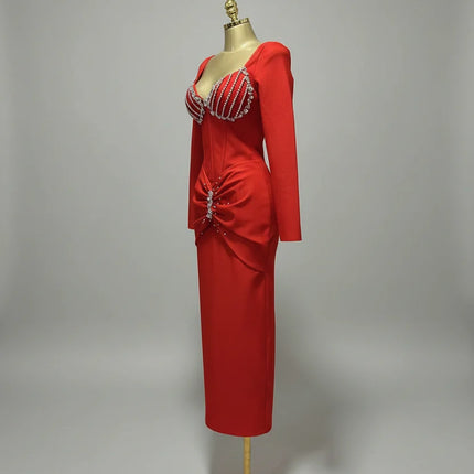 Elegant Square Neck Crystal Embroidered Bandage Ankle-Length Evening Gown