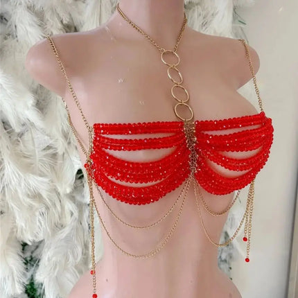 Baroque-Style Multi-Layer Beaded Body Chain Fringe Halter Necklace Openwork Top