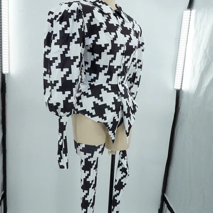 Houndstooth Geometric Print Bodysuit, Over-Knee Boots & Statement Hat 3-Piece Stage Costume Set
