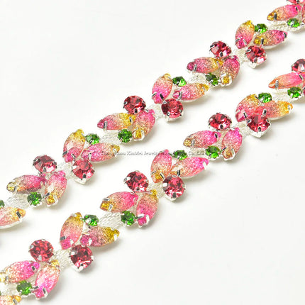 The Stardust Pink Blossom – Glitter Pink Leaf Glass Rhinestone Chain & Trim Applique