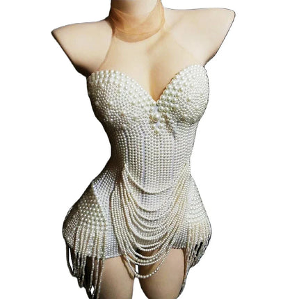 The Stardust Pearl Cascade Bodysuit – Luxury Beaded Tassel Showgirl Costume