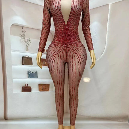 Crimson Red Rhinestone Catsuit Long Sleeve Illusion Stage Performance Jumpsuit