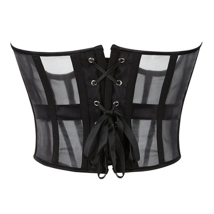 Transparent Sheer Mesh Underbust Corset Zipper Front Boned Waist Cincher Top