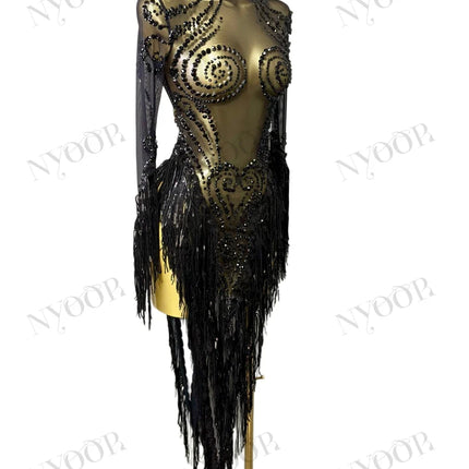 Black Rhinestone Fringe Illusion Mini Dress Sparkly Stage Dance Costume