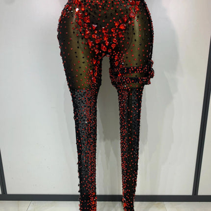 Crimson Diamond Rhinestone Catsuit Sheer Mesh Backless Jumpsuit Stage Costume