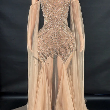 Rhinestone & Pearl Off-Shoulder Sheer Illusion Long Dress Gala Evening Costume
