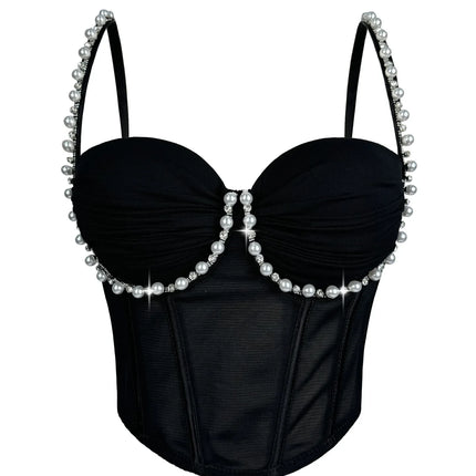 Pearl & Rhinestone Embroidered Bustier Corset Crop Top High Street Bralette