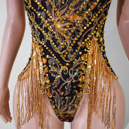 Gold Sequin Halter Bodysuit & Beaded Tassel Fringe Latin Dance Stage Costume