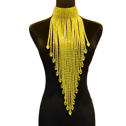Luxury Rhinestone Long Tassel Statement Choker – Waist-Length Crystal Drop Necklace for Weddings, Galas & High-Fashion Clubwear