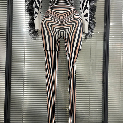 Zebra Print Illusion Catsuit & Feather Wing Bolero Jacket 2-Piece Stage Costume Set