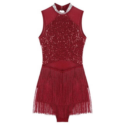 Sparkly Sequin & Fringe Dance Dress with Gloves Latin Stage Performance Costume
