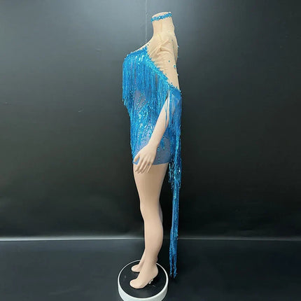 Blue Glitter Fringe Mini Dress Singer & Gogo Stage Performance Costume