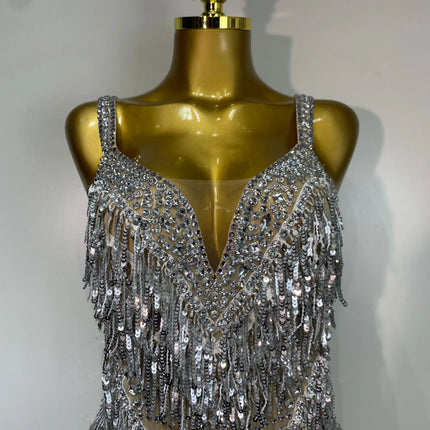 Sparkly Rhinestone Tassel Backless Mesh Bodysuit Luxury Stage Performance Costume