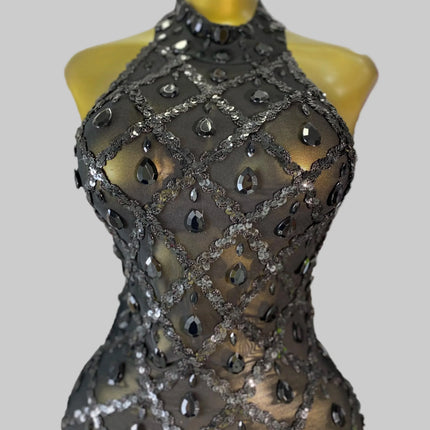 Luxury Rhinestone Crystal Turtleneck Gala Gown & Feather Hem Evening Maxi Dress