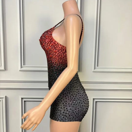 Red Black Rhinestones Sleeveless Bodysuit Women Singer Dancer Concert Performance Dance Costume Nightclub Party Show Stage Wear