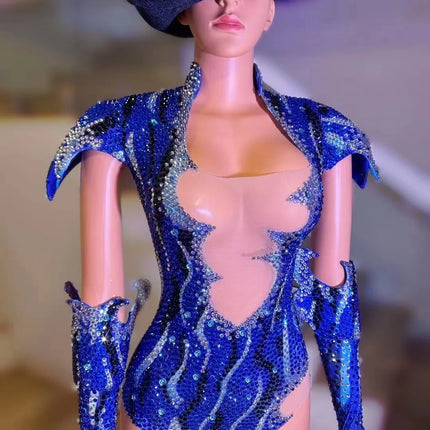 parkly Rhinestone Bodysuit Set Showgirl Stage Dance Costume with Gloves & Hat