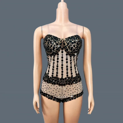 Sparkly Rhinestone Black Bodycon Sheer Mesh Bodysuit Nightclub Stage Outfit