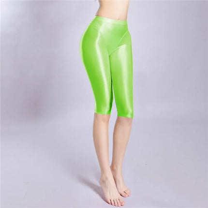 Women's Oil Glossy Sheer High-Waist Shaping Shorts Satin Smooth Leggings