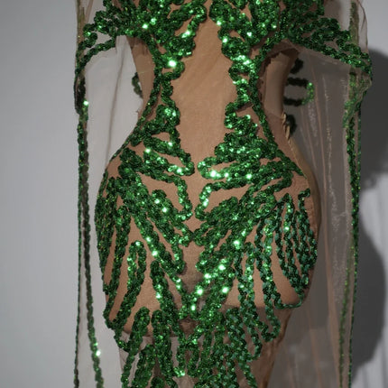 Sparkly Green Sequin Sheer Mesh Evening Gown with Cloak Stage Performance Costume