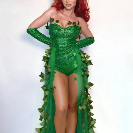 Emerald Ivy Leaf Sequin High-Low Gown & Gloves Sexy Botanical Villain Costume Set