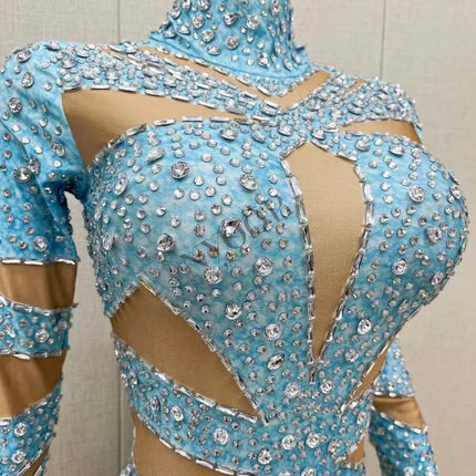 Sparkly Rhinestone Long Sleeve Cutout Bodysuit Stage Performance Dance Leotard