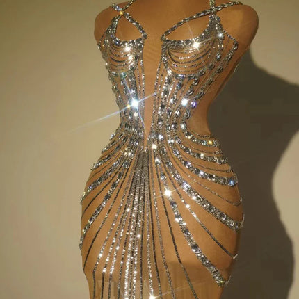 Sparkly Rhinestone & Sequin Sheer Illusion Long Dress Performance Costume