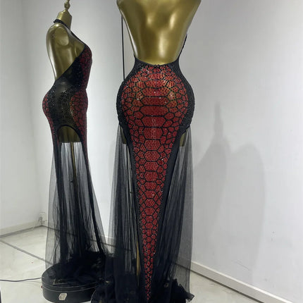 Claret Red Snakeskin Rhinestone Halter Gown Backless Mesh Illusion Evening Maxi Dress