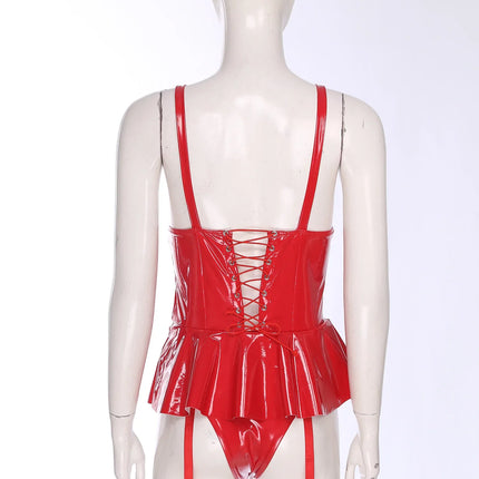 Glossy Wet-Look Halter Romper Bodysuit with Flared Skirt Hem & Integrated Garters