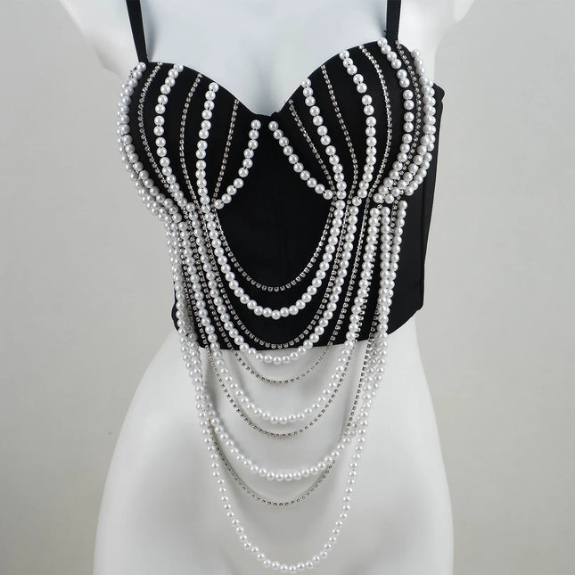 Pearl & Diamond Embroidery Chain Bustier Corset Crop Top Stage Party Bralette