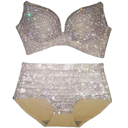 Dazzling Shimmer Crystal Bikini & High-Waist Dance Performance Costume Set