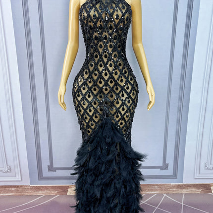 Sparkly Rhinestone Feather Sheer Mesh Evening Gown Stage Fashion Show Outfit
