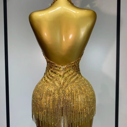 Gold Rhinestone Sheer Mesh Bodysuit Luxury Stage Performance Jumpsuit