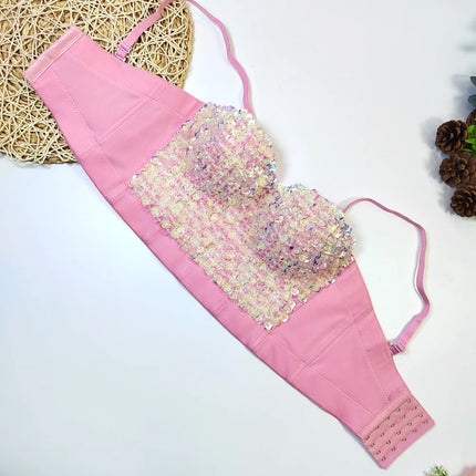 The Stardust Prism Siren – Sequined Glitter Bustier Corset Crop Top