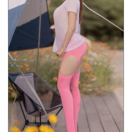 Hollow Out Buckle Shaper Oil Shiny Leggings Garter Belt Pencil Pants